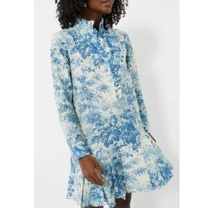 Tuckernuck Tate Dress Misty Blue Toile Linen Cotton Pleats Ruffles Novelty XXS